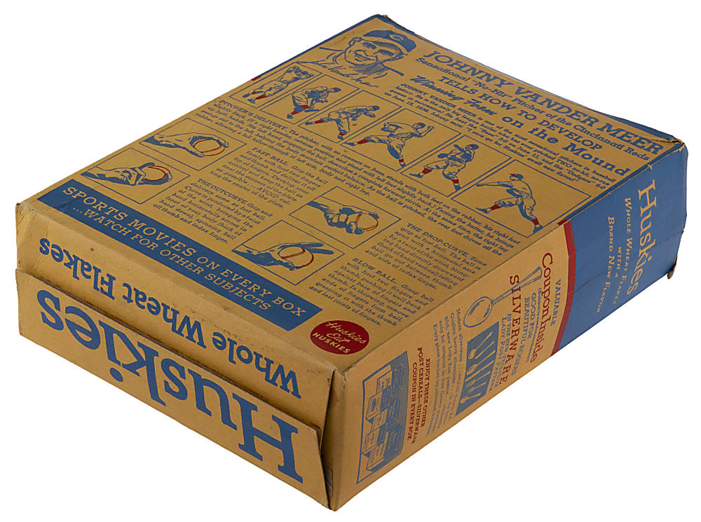 1938 Post Huskies Whole Wheat Flakes Complete Cereal Box with Johnny Vander Meer Back Panel