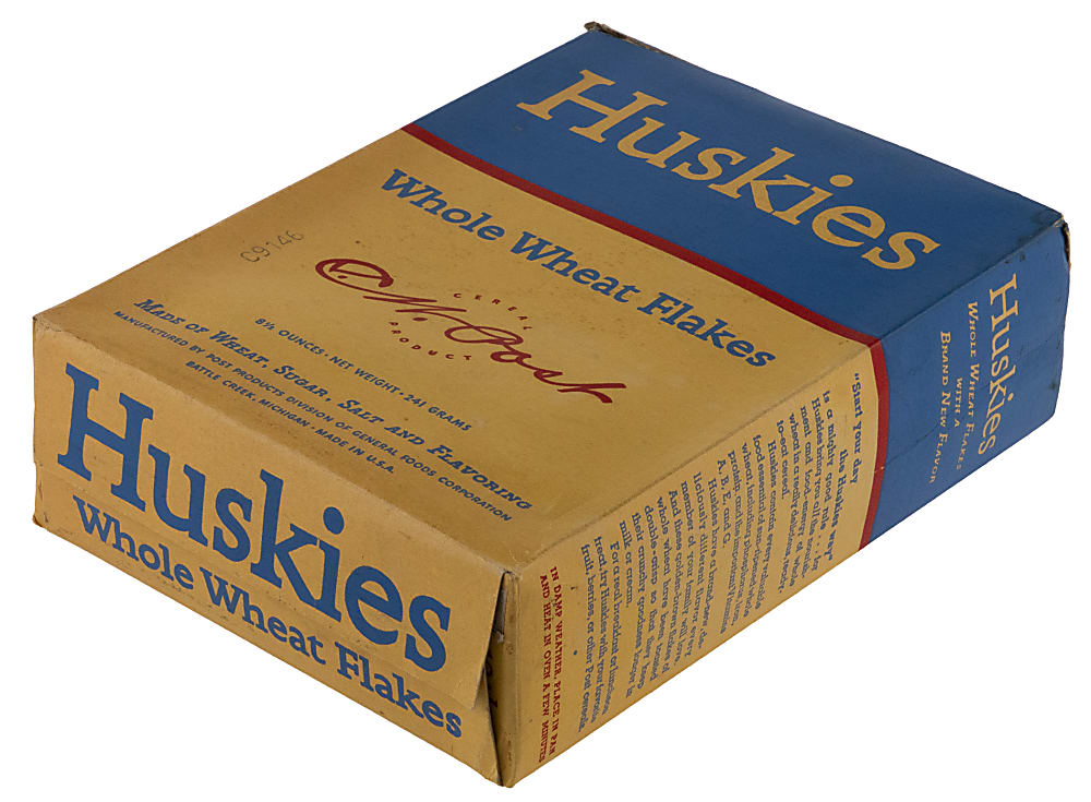 1938 Post Huskies Whole Wheat Flakes Complete Cereal Box with Johnny Vander Meer Back Panel