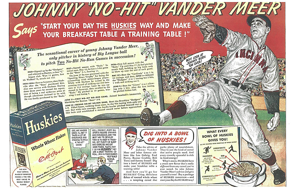 1938 Post Huskies Whole Wheat Flakes Complete Cereal Box with Johnny Vander Meer Back Panel