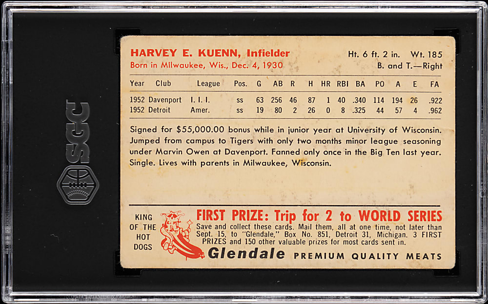 1953 Glendale Hot Dogs Tigers Harvey Kuenn Rookie SGC VG 3