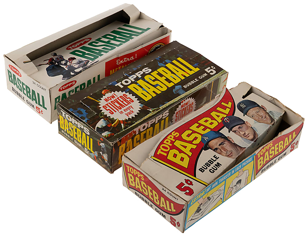 1963-1966 Topps 5-Cent Display Box Trio with Very Clean 1963 Example