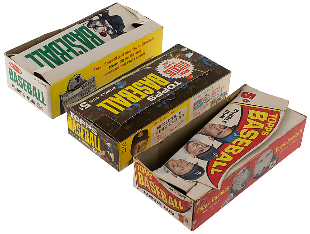 1963-1966 Topps 5-Cent Display Box Trio with Very Clean 1963 Example