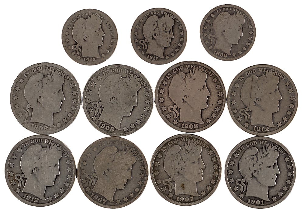 1892-1916 Barber Silver Coins (47) with Half Dollars (20), Quarters (20) and Dimes (7)