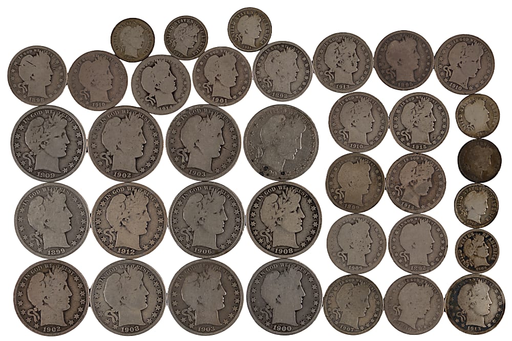1892-1916 Barber Silver Coins (47) with Half Dollars (20), Quarters (20) and Dimes (7)