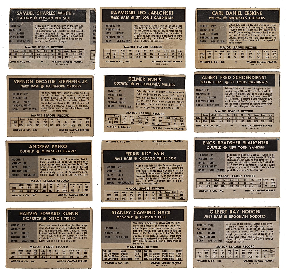 1954 Wilson Franks Partial Set (12/20) with (3) Hall of Famers