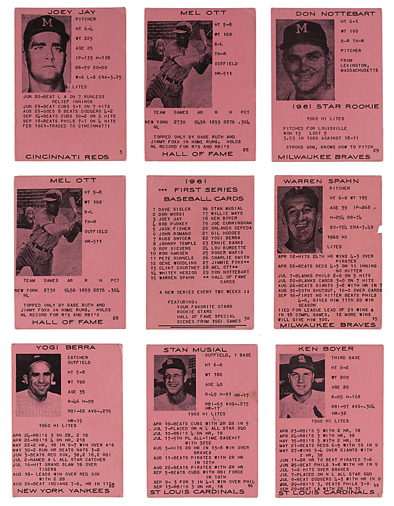 1961 7-11 Collection (9) with (5) Hall of Famers Plus Checklist