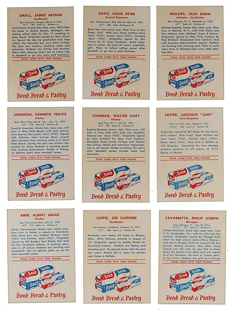 1958 Bond Bread Buffalo Bisons Complete Set (9)