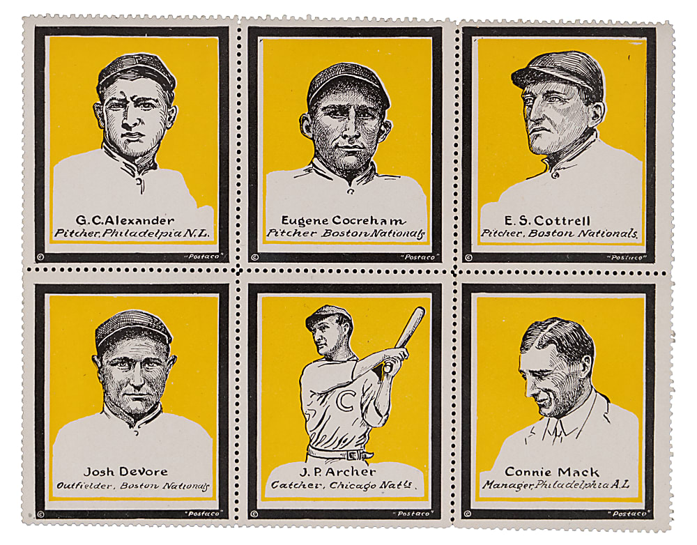 1915 Postaco Stamps Yellow Background Uncut Panel (6) Total Stamps with Grover Cleveland Alexander & Connie Mack