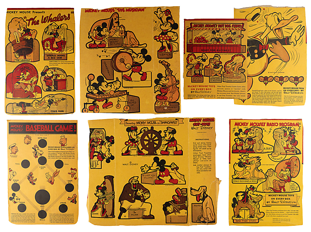 1930s Disney Post Toasties Cereal Box Panel Collection (60+) with Mickey Mouse, Snow White & Pinocchio