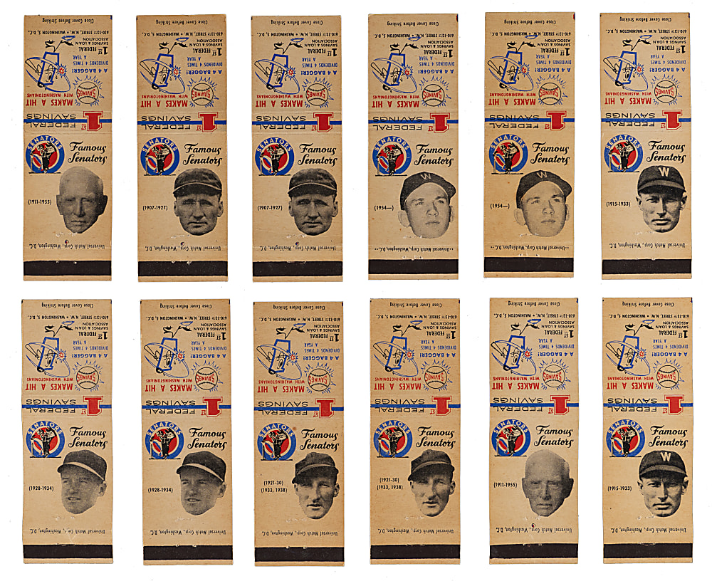 1959 First Federal Savings Famous Senators Matchbooks Complete/Near Set Pair Including (2) Walter Johnson & (2) Harmon Killebrew - (37 Total Covers)
