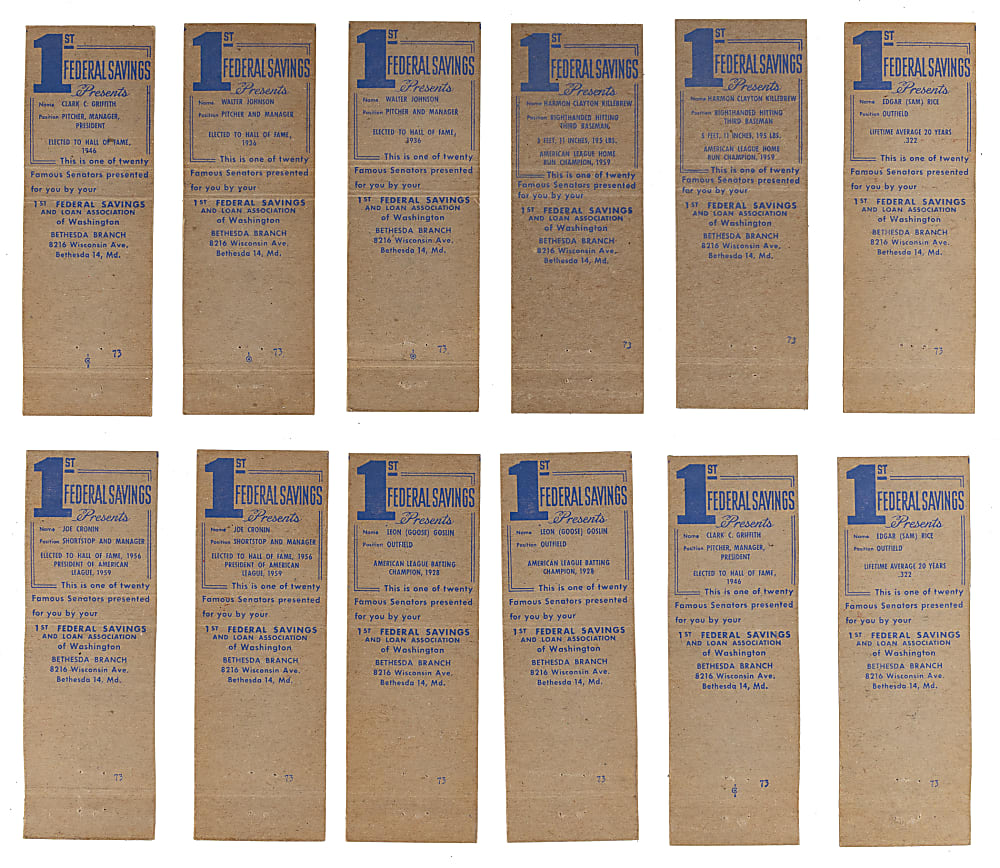 1959 First Federal Savings Famous Senators Matchbooks Complete/Near Set Pair Including (2) Walter Johnson & (2) Harmon Killebrew - (37 Total Covers)