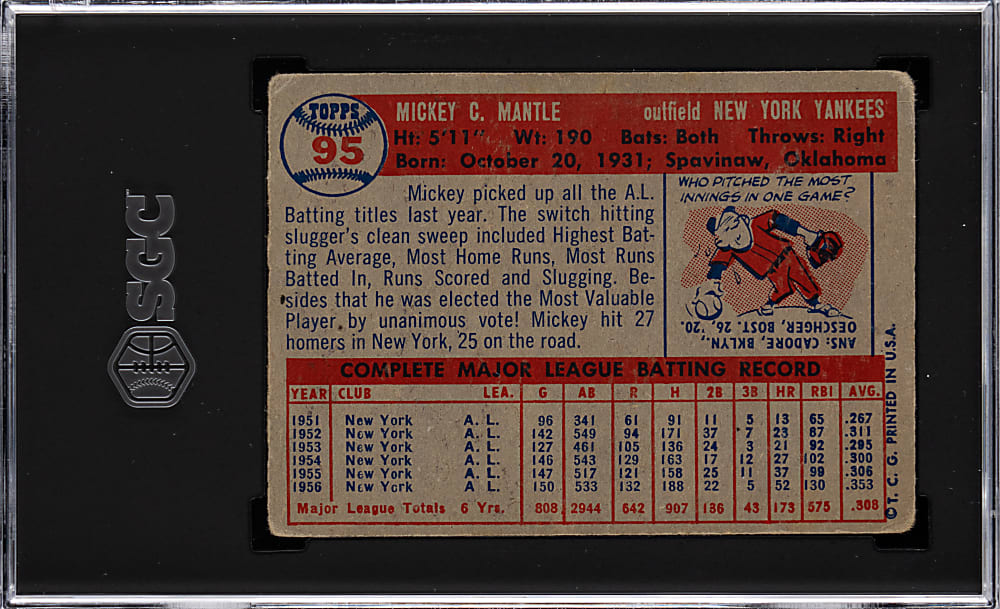 1957 Topps #95 Mickey Mantle SGC GOOD+ 2.5