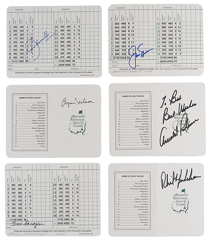 Masters Tournament Champion Signed Augusta National Golf Club Scorecard Partial Set (33/57) with Jack Nicklaus & Arnold Palmer