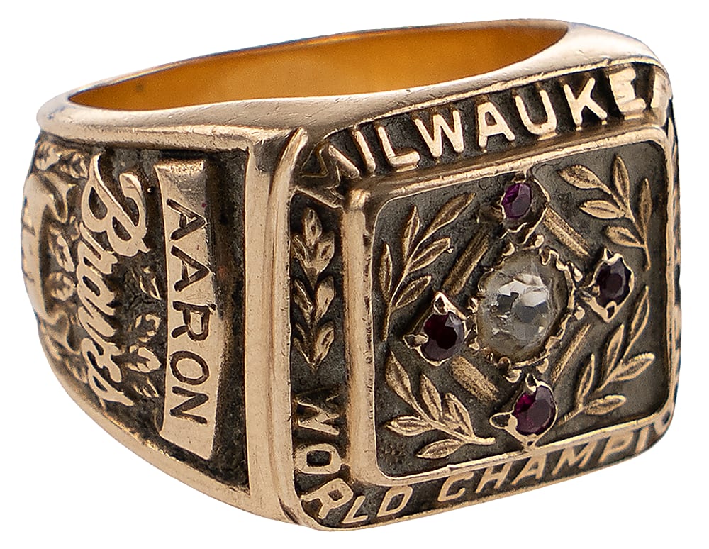 1957 Hank Aaron Milwaukee Braves World Series Champions 10K Gold Commemorative Ring - Jeweler LOA