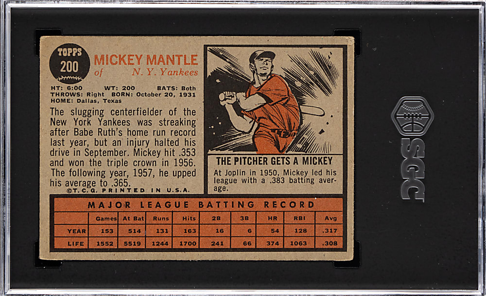 1962 Topps #200 Mickey Mantle SGC VG/EX 4