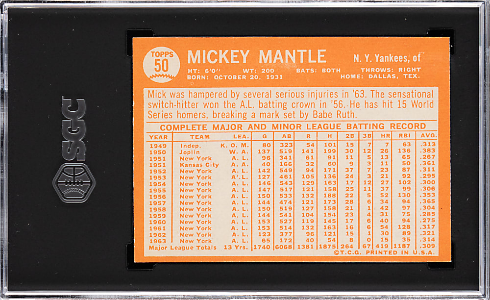 1964 Topps #50 Mickey Mantle SGC VG 3