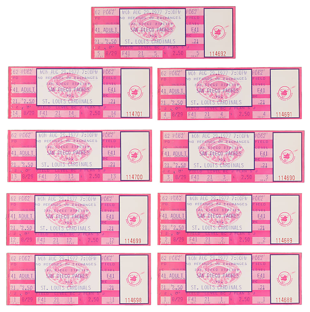 1977 St. Louis Cardinals vs. San Diego Padres Full Unused Tickets (9) - Lou Brock Stolen Base #893 Surpassing Ty Cobb for Most All-Time!