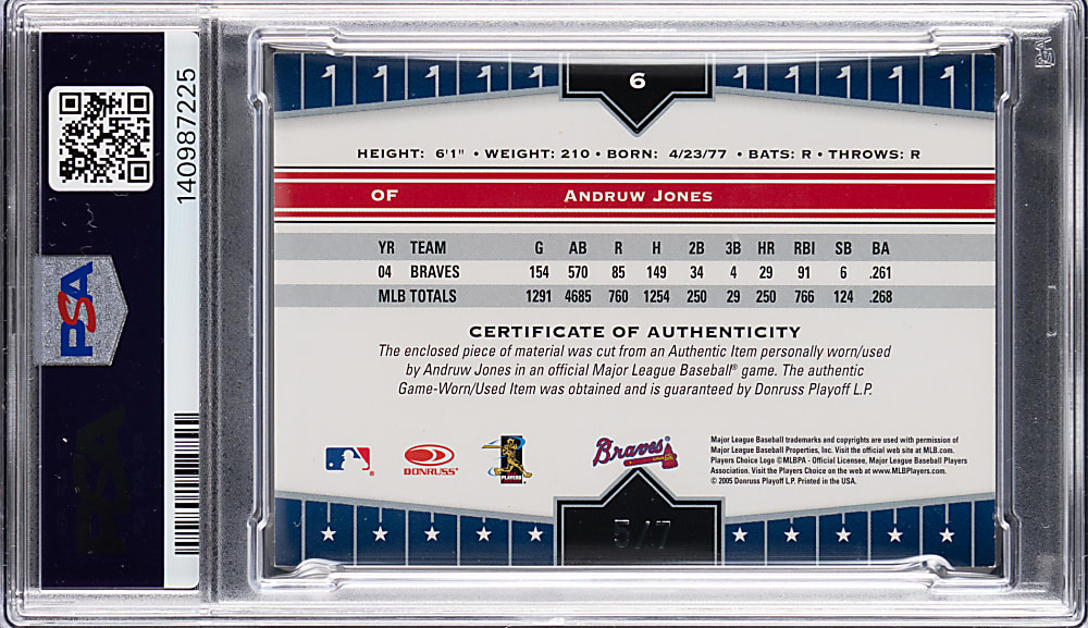 2005 Donruss Champions #6 Andruw Jones MLB Logoman Patch #5/7 PSA NM-MT 8