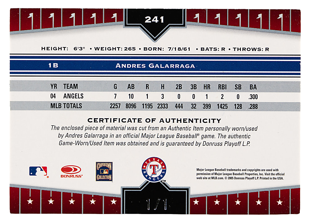 2005 Donruss Champions #241 Andres Galarraga MLB Logoman Patch #1/1