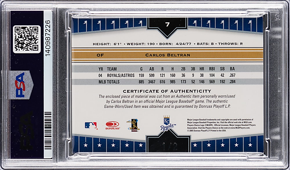2005 Donruss Champions #7 Carlos Beltran MLB Logoman Patch #1/2 PSA NM 7