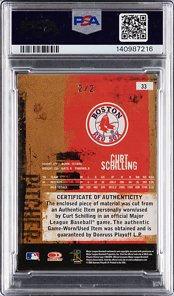 2005 Donruss Leather & Lumber #33 Curt Schilling MLB Logoman Patch #2/2 PSA NM 7