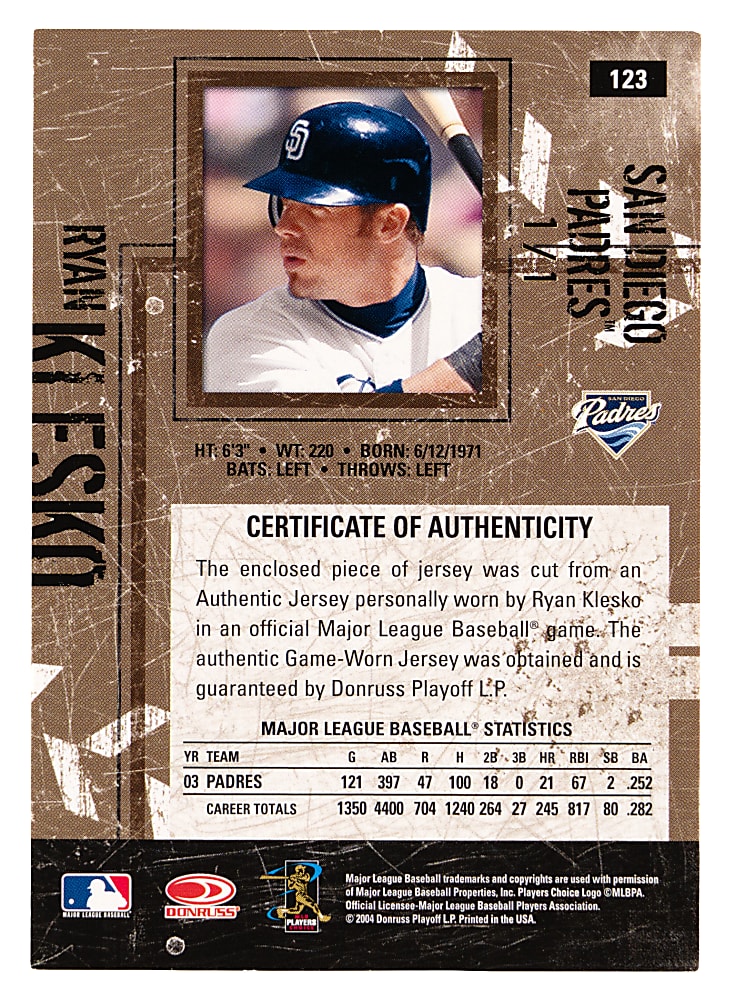 2004 Donruss Leather & Lumber #123 Ryan Klesko MLB Logoman Patch #1/1