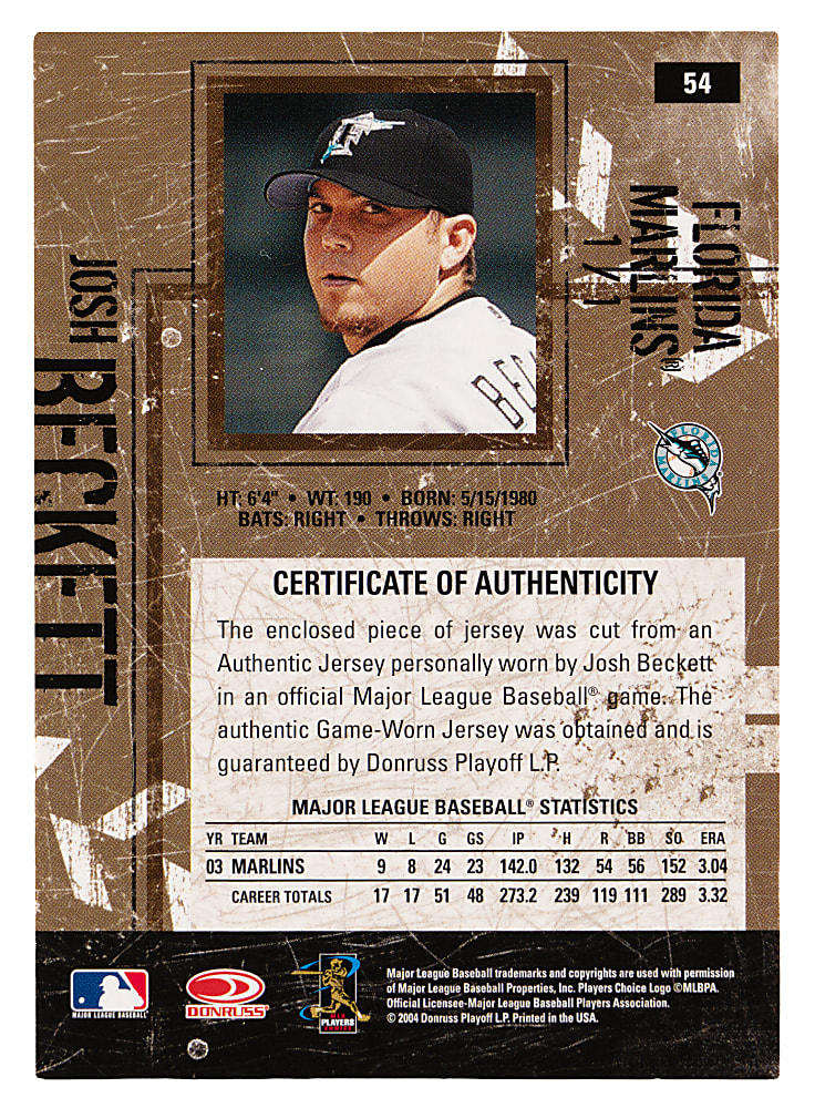 2004 Donruss Leather & Lumber #54 Josh Beckett MLB Logoman Patch #1/1