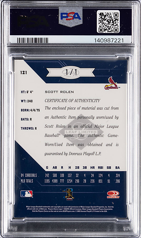 2005 Leaf Limited #121 Scott Rolen MLB Logoman Patch #1/1 PSA NM-MT 8