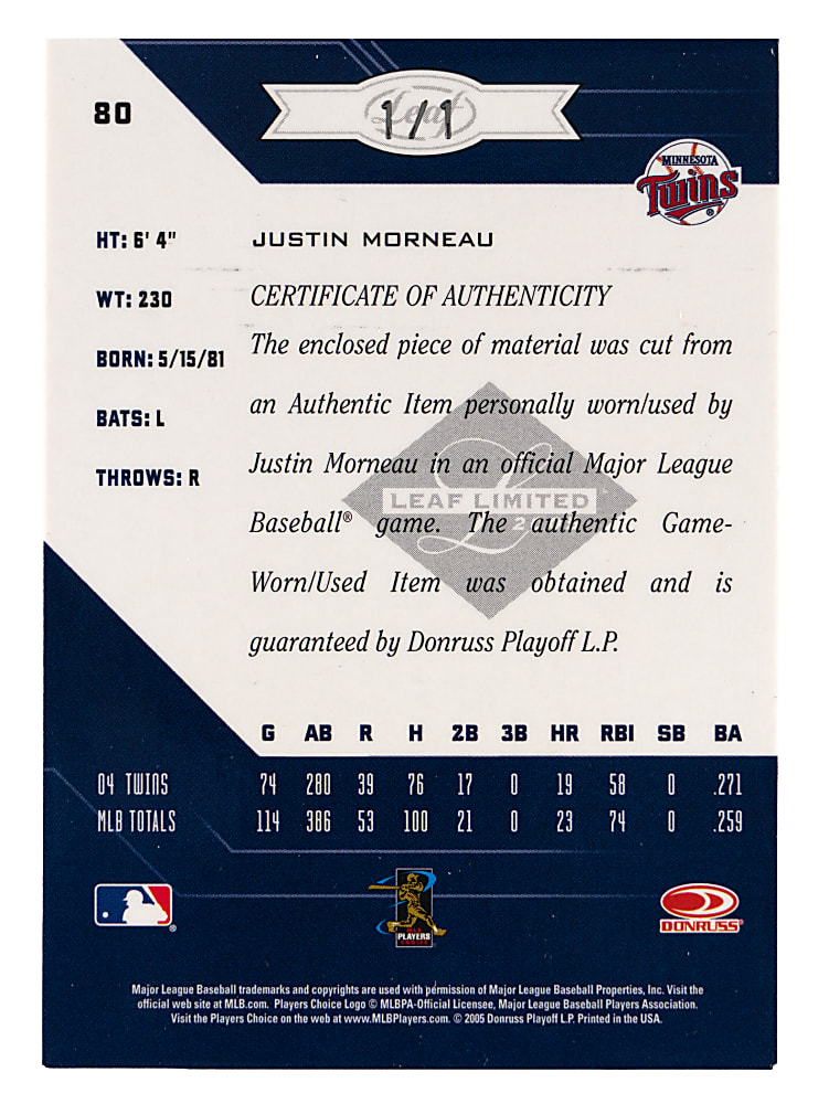 2005 Leaf Limited #80 Justin Morneau MLB Logoman Patch #1/1
