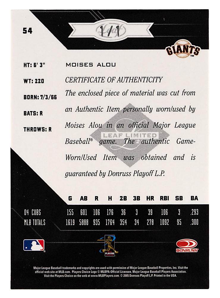 2005 Leaf Limited #54 Moises Alou MLB Logoman Patch #1/1