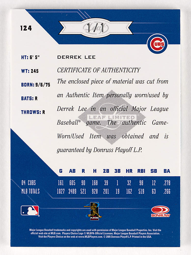 2005 Leaf Limited #124 Derrek Lee MLB Logoman Patch #1/1