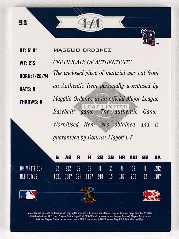 2005 Leaf Limited #93 Magglio Ordonez MLB Logoman Patch #1/1