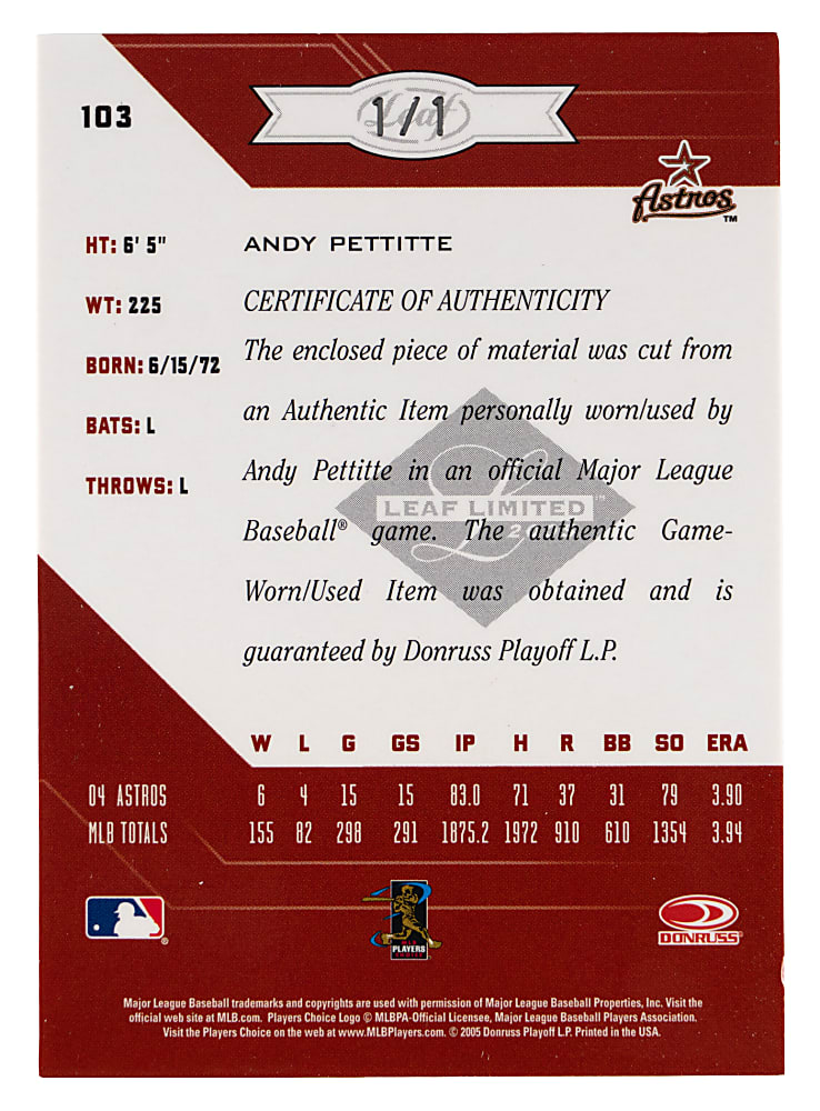 2005 Leaf Limited #103 Andy Pettitte MLB Logoman Patch #1/1