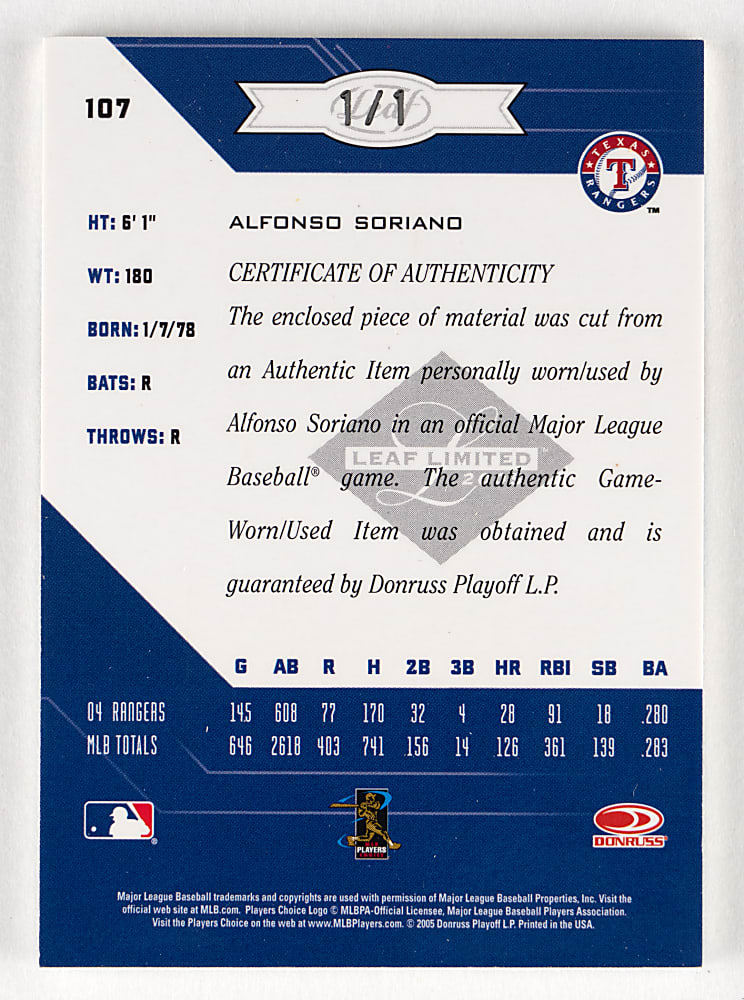 2005 Leaf Limited #107 Alfonso Soriano MLB Logoman Patch #1/1