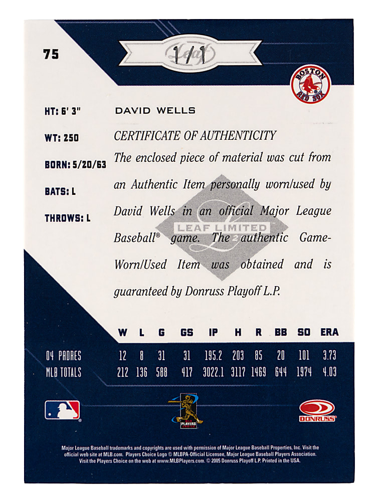 2005 Leaf Limited #75 David Wells MLB Logoman Patch #1/1