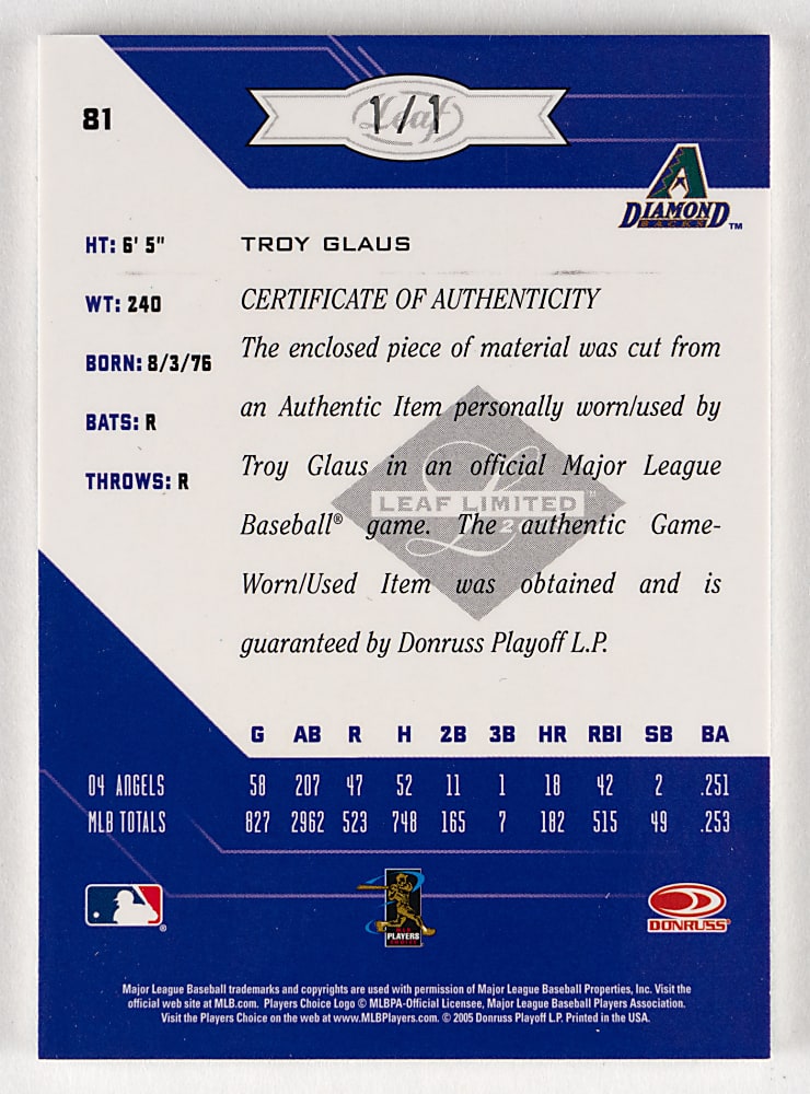 2005 Leaf Limited #81 Troy Glaus MLB Logoman Patch #1/1