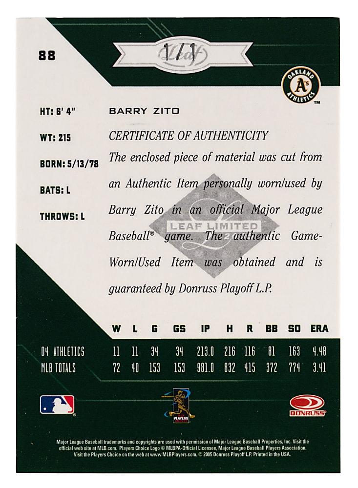 2005 Leaf Limited #88 Barry Zito MLB Logoman Patch #1/1