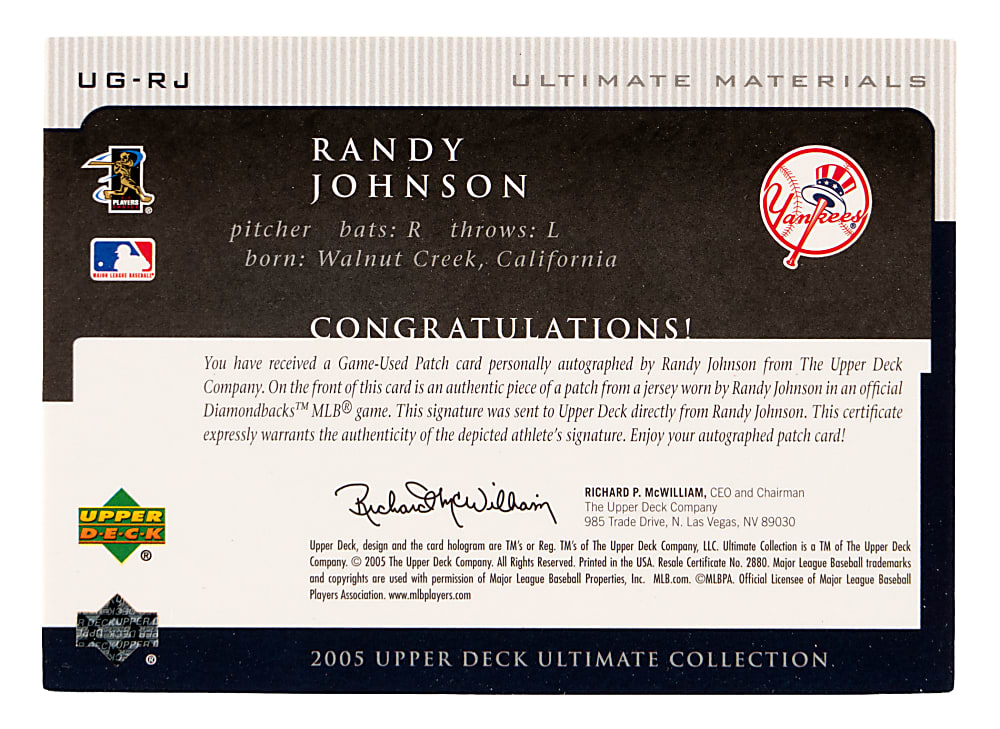 2005 Ultimate Collection Randy Johnson Material Signatures Three-Color Patch #2/10