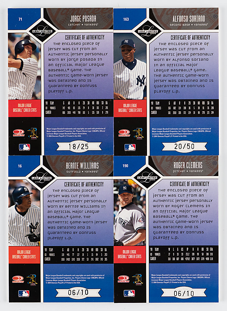 2004 Leaf Limited New York Yankees Certified Autograph/Jersey Quartet with Roger Clemens & Bernie Williams - Each #/50 or Lesser