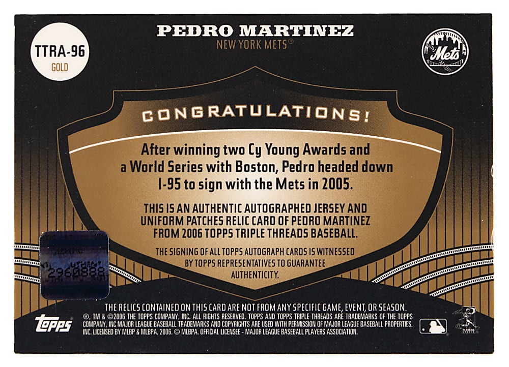 2006 Topps Triple Threads #96 Pedro Martinez Relic Autograph Gold #1/9