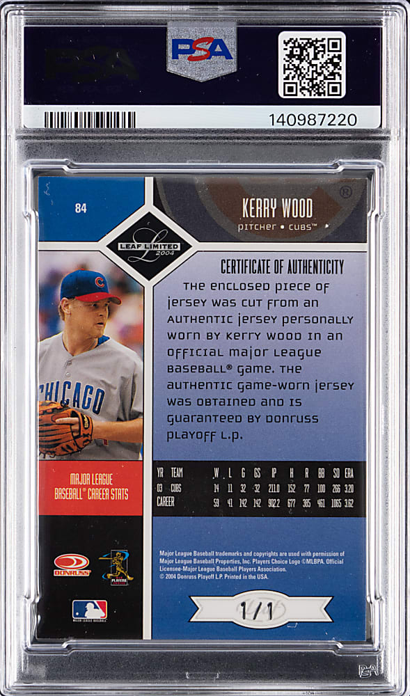 2004 Leaf Limited Threads #84 Kerry Wood MLB Logoman Patch #1/1 PSA NM 7