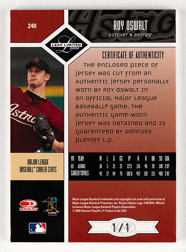2004 Leaf Limited #240 Roy Oswalt MLB Logoman Patch #1/1