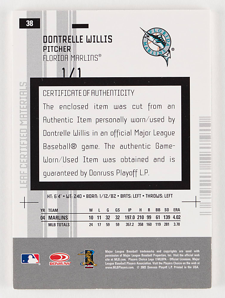 2005 Leaf Limited #38 Mirror Dontrelle Willis MLB Logoman Patch #1/1