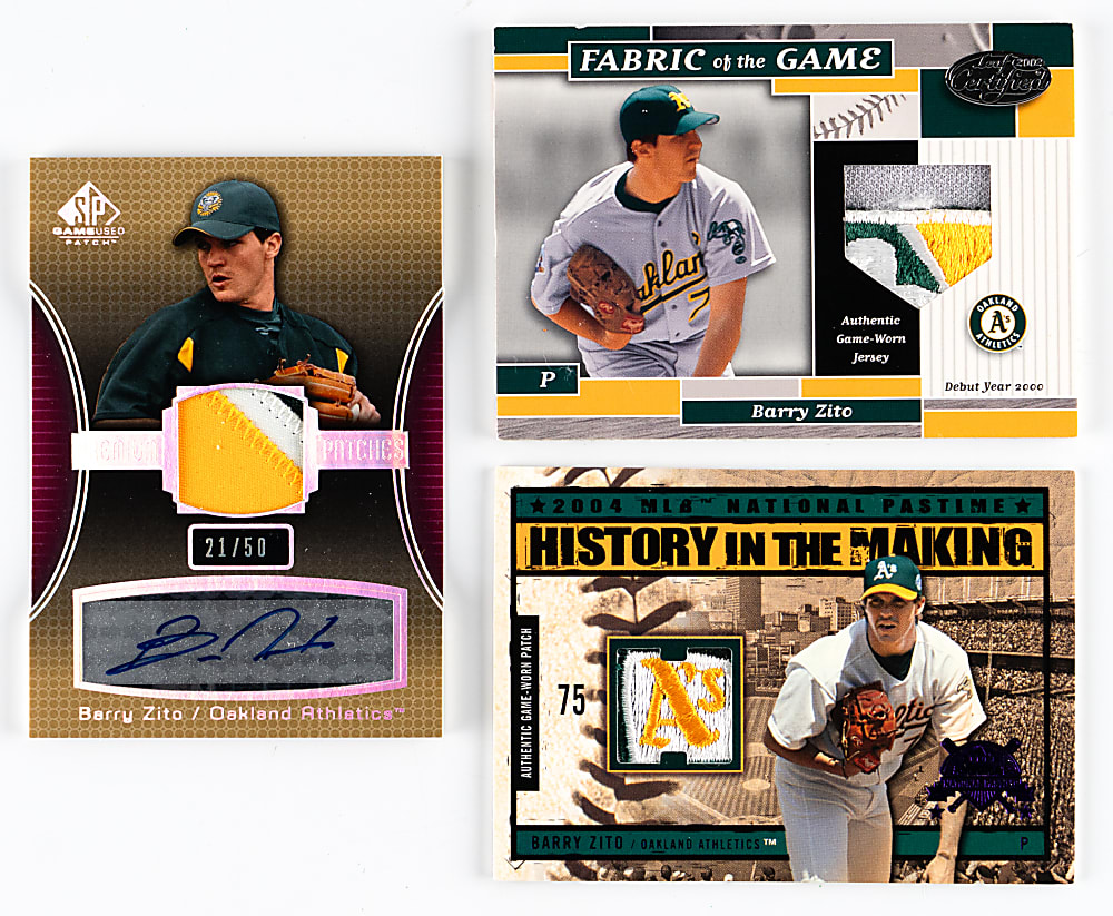 2002-2004 Barry Zito Premium Game-Used Relic Trio with Certified Autograph, #1/1 & MLB Logoman Patch