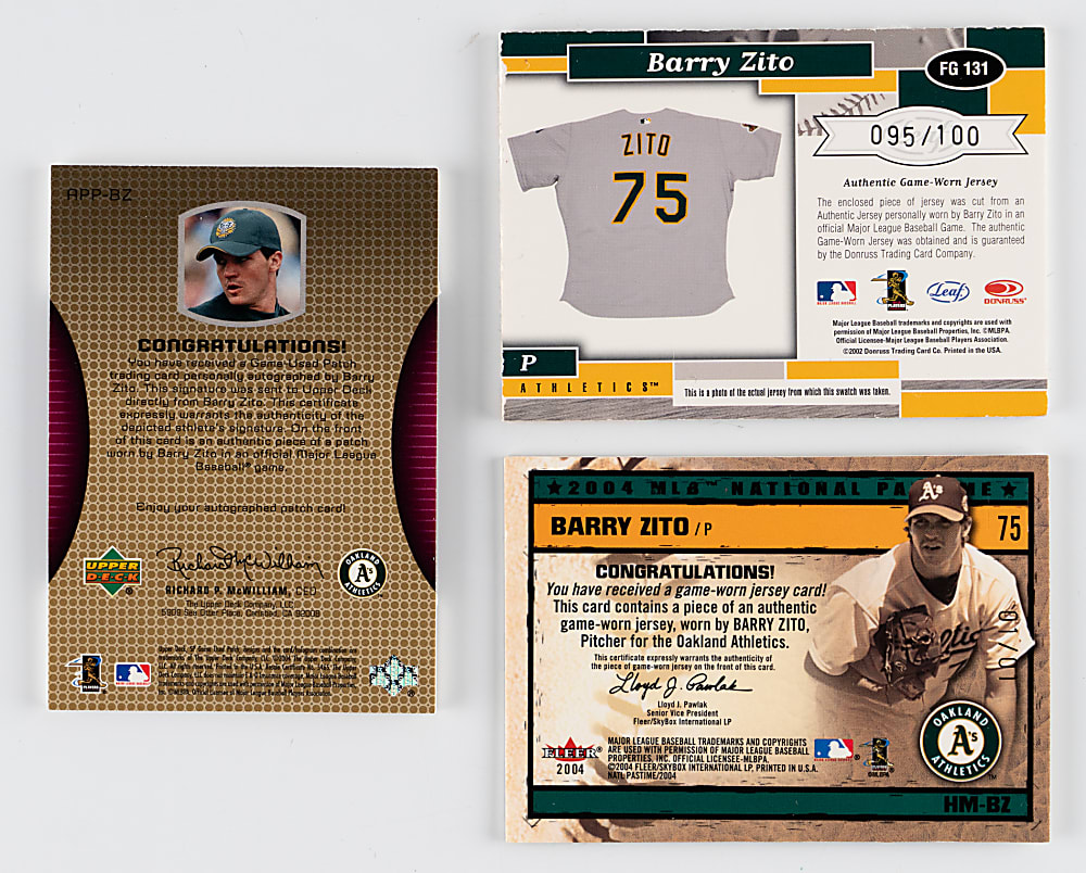 2002-2004 Barry Zito Premium Game-Used Relic Trio with Certified Autograph, #1/1 & MLB Logoman Patch