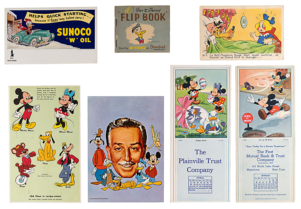 1930s-1970s Walt Disney Flats/Collectibles Collection (65) with Postcards & Premiums