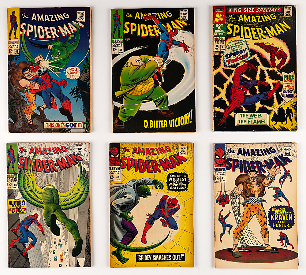 1966-1968 Marvel Amazing Spider-Man Comic Books (12) with Kraven, Lizard, Vulture & Kingpin