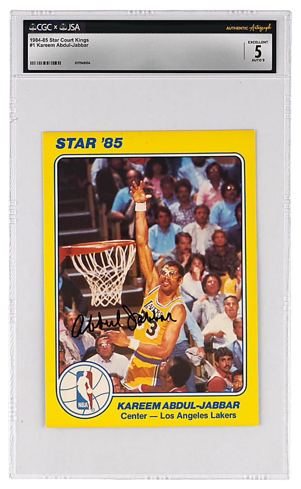 1984-1985 Star Court Kings #1 Kareem Abdul-Jabbar Period Signed CGC EX 5 with JSA Auto 9