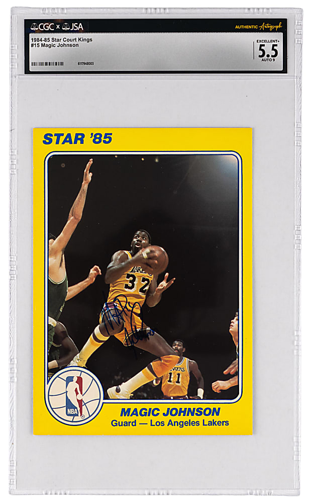 1984-1985 Star Court Kings #15 Magic Johnson Period Signed CGC EX+ 5.5 with JSA Auto 9
