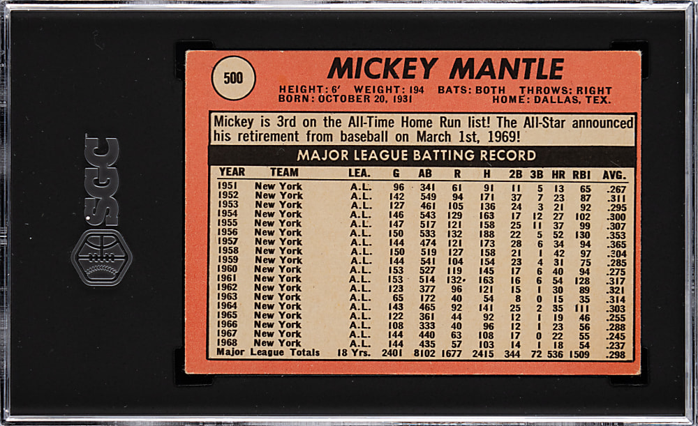 1969 Topps #500 Mickey Mantle SGC VG/EX 4